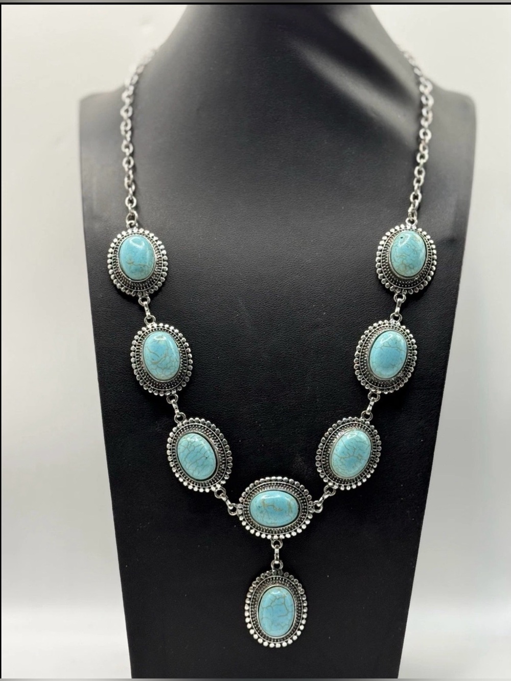 Vintage Boho Silver Tone Faux Turquoise Stone Bib Statement Necklace 13" Hang